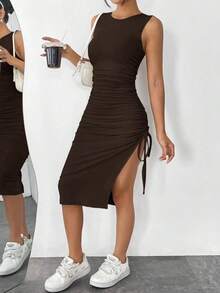Vestido Sin Mangas De Punto De Albaricoque Ajustado Para Mujer - Marrón Chocolate - Ver 6