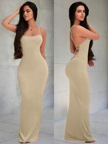 Vestido largo de uso diario con tiras cruzadas sencillas y liso para mujer - Albaricoque - Ver 2