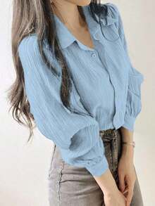 Blusa suelta de unicolor con cuello vuelto y pliegues para mujer, color morado, para primavera/verano/otoño, ropa de mujer de manga larga - Celeste - Ver 5