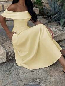 Vestido de mujer de unicolor con hombros descubiertos, nuevo vestido largo elegante y ajustado sin espalda para fiestas, uso diario y citas - Amarillo - Ver 4
