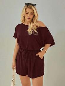 Mono de talla grande para mujer, ropa de verano, shorts, hombros descubiertos y graciosos, conjunto de verano para mujer, atuendo de rave de festival, conjunto de verano para vacaciones de mujer, mono casual de mujer - Rosa Roja - Ver 4