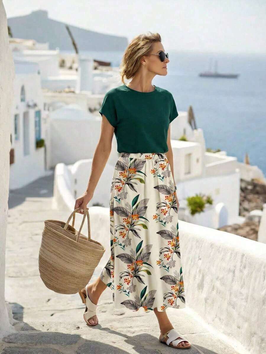 Set de 2 piezas Blusa de unicolor + Falda estampada con flores moradas de estilo casual de vacaciones para mujer, Conjunto de verano para mujer, Conjunto de falda y blusa, Conjunto de falda y blusa para mujer, Conjunto de falda estampada de pri - Multicolor 4 - Ver 1