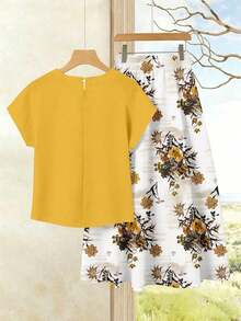 Set de 2 piezas Blusa de unicolor + Falda estampada con flores moradas de estilo casual de vacaciones para mujer, Conjunto de verano para mujer, Conjunto de falda y blusa, Conjunto de falda y blusa para mujer, Conjunto de falda estampada de pri - Multicolor 20 - Ver 2