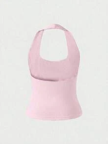 Camiseta sin espalda ajustada de color amarizo sólido con tirantes finos, blusa casual para mujer, adecuada para la playa, el hogar y el uso diario en verano - Rosa - Ver 8