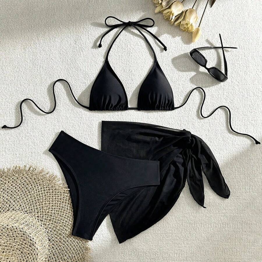 Conjunto de bikini casual de un solo color con espalda descubierta y detalle de nudo, ropa de playa para vacaciones de verano en negro - Negro - Ver 1