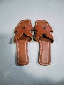 Dép xăng đan đế bằng kiểu dáng mới mùa hè 2026, kiểu dáng slip-on, thời trang thường ngày, tối giản, mũi vuông dành cho nữ. - Hình tròn màu nâu - Xem 1