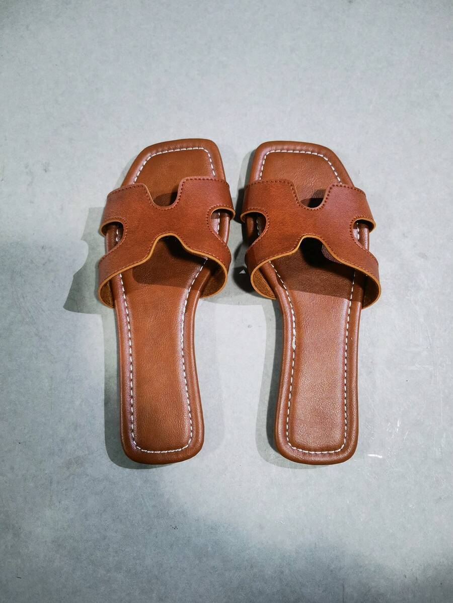 Dép xăng đan đế bằng kiểu dáng mới mùa hè 2026, kiểu dáng slip-on, thời trang thường ngày, tối giản, mũi vuông dành cho nữ. - Hình tròn màu nâu - Xem 1