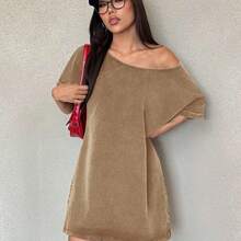 Vintage Washed Loose Cold-Shoulder T-Shirt Dress, Western Music Festival Style, Summer Loose Summer Dress Comfy Dress T Shirt Dresses For Women Lounge Dress Off Shoulder Dresses For Woman ,Summer Dress Loose Dress T Shirt Dress For Women - Gris - Ver 6