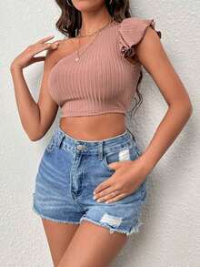 Camiseta crop de un hombro ribete con fruncido - Rosa coral - Ver 4
