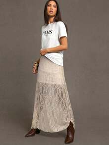 2026 Women Sexy Black Wildflower Lace Patchwork Lightweight And Breathable Long Summer Skirt Winter Casual Spring - Beis - Ver 3
