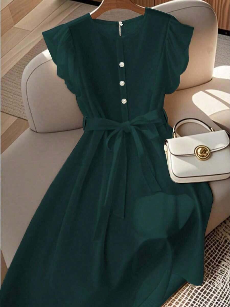 Vestido de mujer de longitud media, cómodo y suave, sin estiramiento, con cuello redondo, mangas de vuelo, cintura elástica, decoración de botones de perla, estilo francés elegante y versátil para vacaciones y viajes, color albaricoque, primavera - Verde Oscuro - Ver 1