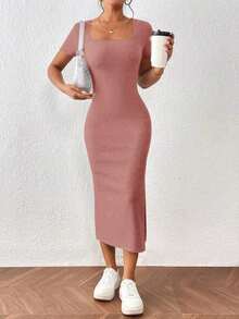 Frenchy Vestido elegante de unicolor de manga corta con abertura simple para mujeres - Marrón - Ver 4