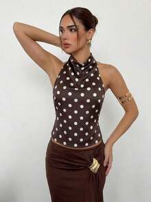 Camiseta sin espalda con cuello alto y cordón en el bajo, color marrón, para mujer, para fiesta y eventos de otoño/invierno - Café integral - Ver 3