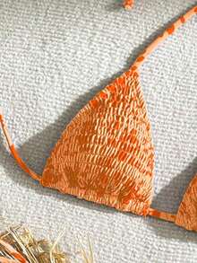 Swim Mod Conjunto de bikini sexy para mujer con estampado floral de verano, copa push-up y cuello halter con lazo - Naranja - Ver 4