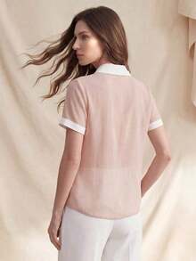 Blusa suelta de manga corta con cuello blanco de gasa arrugada elegante de color rosa para mujer - Rosa 2 - Ver 2