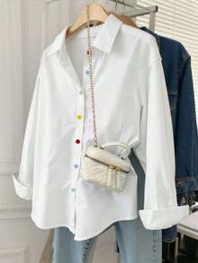 Camisa casual de manga larga, de un solo pecho, de unicolor y holgada para mujer - Blanco - Ver 6