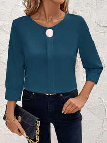 Clasi Blusa casual sencilla para uso diario con cuello redondo, manga corta y botones delanteros para mujer - Agua verde azul - Ver 4