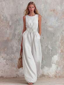 Women's Retro Casual Jumpsuit In Green With Ruffle, V-Neck And Sleeveless, Made Of Cotton And Linen - 白色 - 查看 3