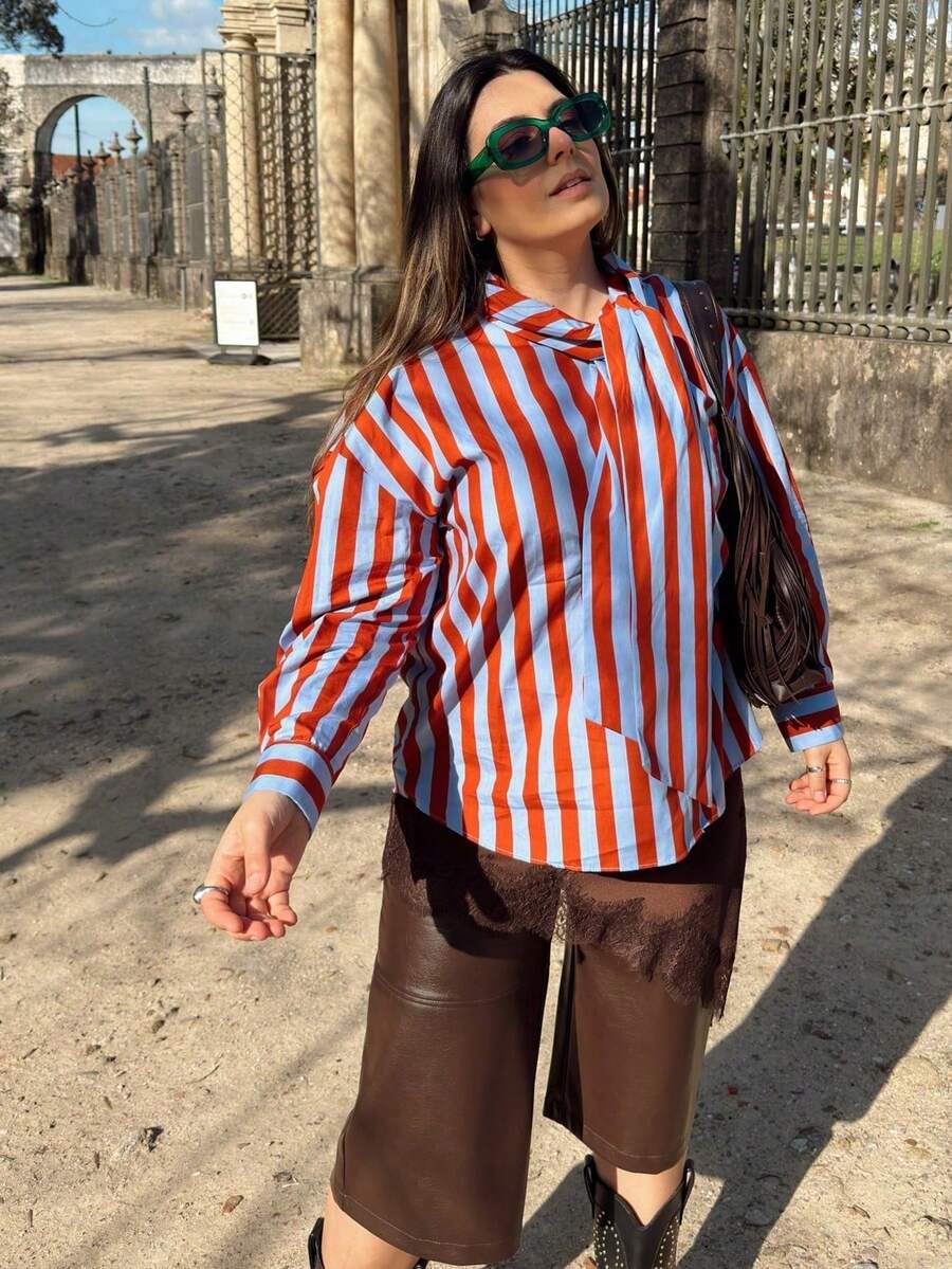 Elegant Women's Delicate Bow Decor Contrast Striped Casual Shirt, Retro Lapel Single-Breasted Loose Fit, Spring Vacation Style