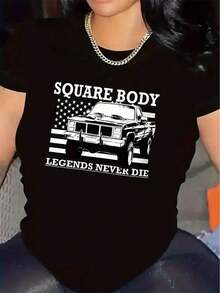Black And White Polyester T-Shirt For Home Decor, Durable Boxy Body Design, Comfortable Fit, Ideal For The Living Room Or Garage, Classic Style With Graphic Print, Soft And Lightweight Fabric, Perfect Gift For Car Enthusiasts. (Blouses>Pretty) - 黑色 - 查看 1