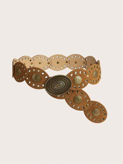 1pc Summer Boho Studded Suede Waist Belt, Brown Retro Western Style Cinch Belt, Y2K Floral Buckle Waist Strap, Suitable For Dresses, Pants, Coats, Daily, Parties, Music Festivals