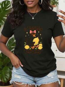 Women's Summer Casual T-Shirt With Letter And Fruit Print, Short Sleeve Lemon Design T-Shirt, Graphic T-Shirt With Lemon And Bow Design, Casual Vacation Style T-Shirt, Summer Clothing, 100% Cotton, Durable - 黑色 - 查看 7