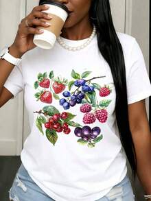 Casual T-Shirt With Fruit Print, White T-Shirt For Women, Summer Casual Top With Strawberry, Cherry, Raspberry And Blueberry Design, Short Sleeve, Round Neck, 100% Cotton, Durable - 白色 - 查看 1