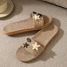 Shell & Starfish Decor Breathable Linen Slide Sandals, Indoor & Outdoor Dual-Purpose Woven Flat Slippers - Khaki - View 6