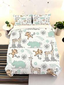 2/3pcs Set Perlengkapan Tidur Anak Motif Kartun Kebun Binatang Lucu, Set Selimut dan Sarung Bantal Jerapah, Monyet, dan Kuda Nil Warna Hijau Mint, Cocok untuk Tempat Tidur Ukuran Twin/Full/Queen, Set Perlengkapan Tidur Lembut - MultiWarna - View 4