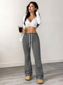 Pantalones casuales de mujer con cintura con cordón acanalado, para primavera/otoño - Multicolor 2 - Ver 3