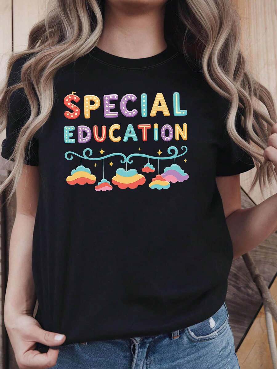 Women's Special Education Teacher T-Shirt - Special Education Blouse With Colorful Clouds And Stars Print, Short Sleeve, Summer Casual For Educators, Staff, And Parent-Teacher Events - 黑色 - 查看 1