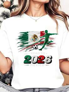 Women's Crew Neck T-Shirt, Mexican Soccer Player Print With Flag, Casual Soccer Fan Clothing, 2026 Celebration, Short Sleeve T-Shirt 220g - 白色 - 查看 6