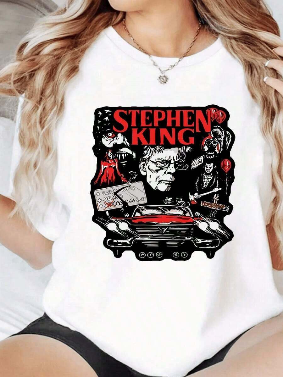Camiseta de algodón 100% para mujer, estilo vintage, con estampado digital gráfico, 220g, cuello redondo, informal, básica, de la marca Loose1pcs, inspirada en la película de terror de Steph - Blanco - Ver 1