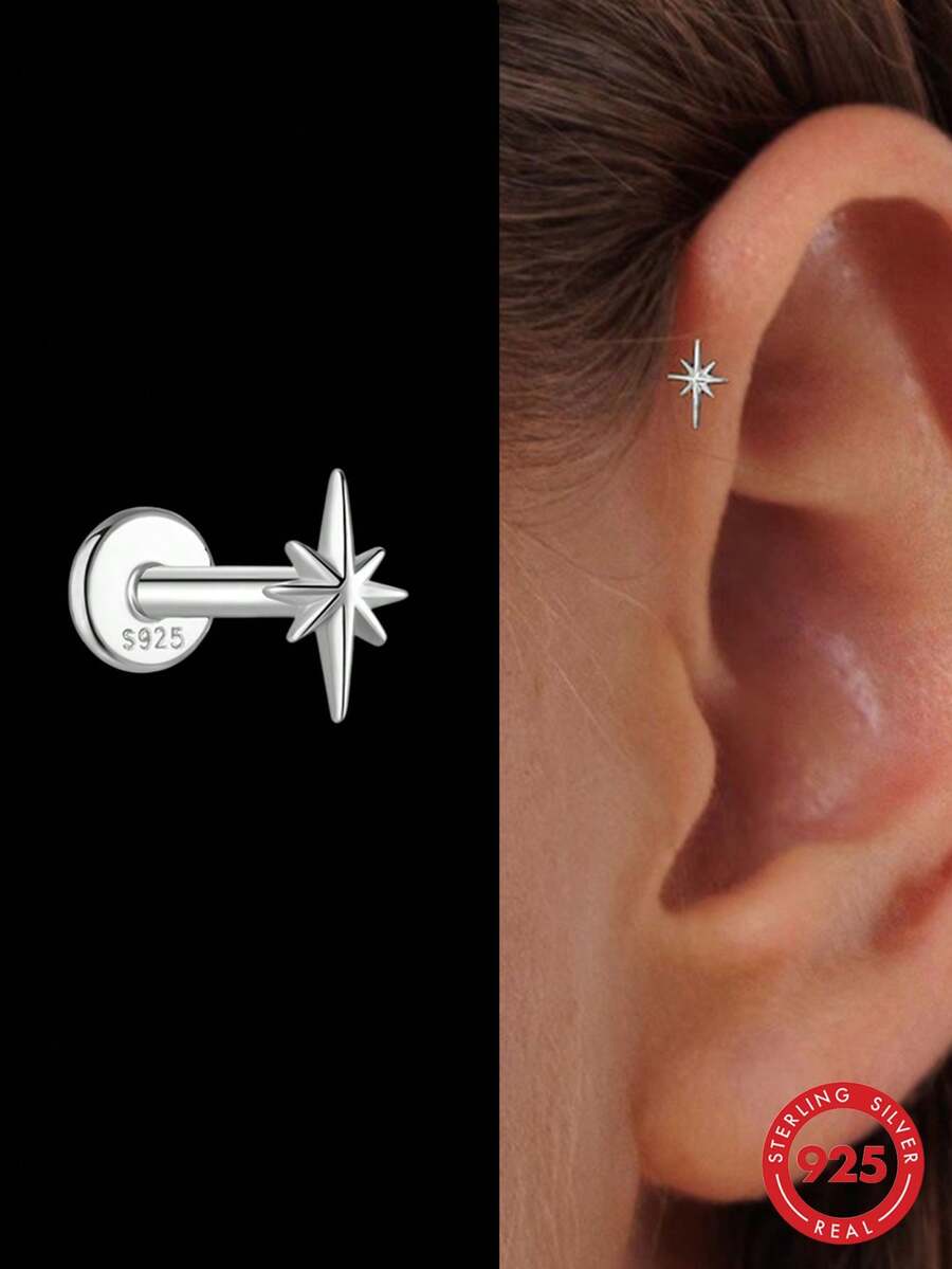 1pc 925 Sterling Silver 8-Point Star Stud Earrings For Women, Daily, Wedding, Party, Engagement, Exquisite Jewelry Earrings, Flat Back Ear Cartilage Studs