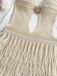 Vestido de suéter ajustado con cuello en V, escote halter y espalda con lazo, estilo bohemio, para vacaciones, otoño/invierno - Albaricoque - Ver 5