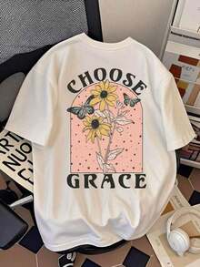 Edición Limitada, Camiseta de Manga Corta para Mujer con Estampado de Girasol y Mariposa CHOOSE GRACE, Top con Patrón Floral Vintage de Temática Religiosa, Corte Holgado, Efecto Adelgazante, Cómoda, Transpirable, Estilo Retro Americano Casual Relajado Boho, Camiseta para Mujer, Perfecta para el Viaje Diario/Actividades de Iglesia/Pascua/Viajes de Niñas/Vacaciones en la Playa/Conjuntos de Primavera Verano, Algodón Ligero - Blanco - Ver 1