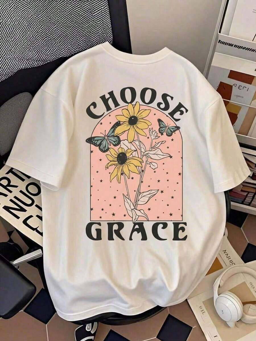 Edición Limitada, Camiseta de Manga Corta para Mujer con Estampado de Girasol y Mariposa CHOOSE GRACE, Top con Patrón Floral Vintage de Temática Religiosa, Corte Holgado, Efecto Adelgazante, Cómoda, Transpirable, Estilo Retro Americano Casual Relajado Boho, Camiseta para Mujer, Perfecta para el Viaje Diario/Actividades de Iglesia/Pascua/Viajes de Niñas/Vacaciones en la Playa/Conjuntos de Primavera Verano, Algodón Ligero - Blanco - Ver 1