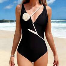 Traje de baño de una pieza para mujer, modelo nuevo 2026, bikini floral deportivo y conservador. - Negro - Ver 3