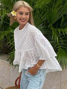 Blusa holgada de unicolor con mangas acampanadas, top de verano para mujeres - Blanco 2 - Ver 12