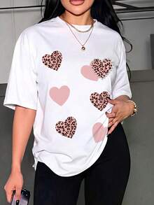 Camiseta informal negra de manga corta para mujer con apliques de corazones con estampado de leopardo rosa y adornos de perlas, top de poliéster de corte regular con cuello redondo y ligeram - Blanco - Ver 2