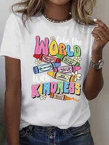 (001 # ) Fashionable Women's T-Shirt, Printed Design, Round Neck, Casual Short Sleeve T-Shirt For Women - 白色的 - 查看 12