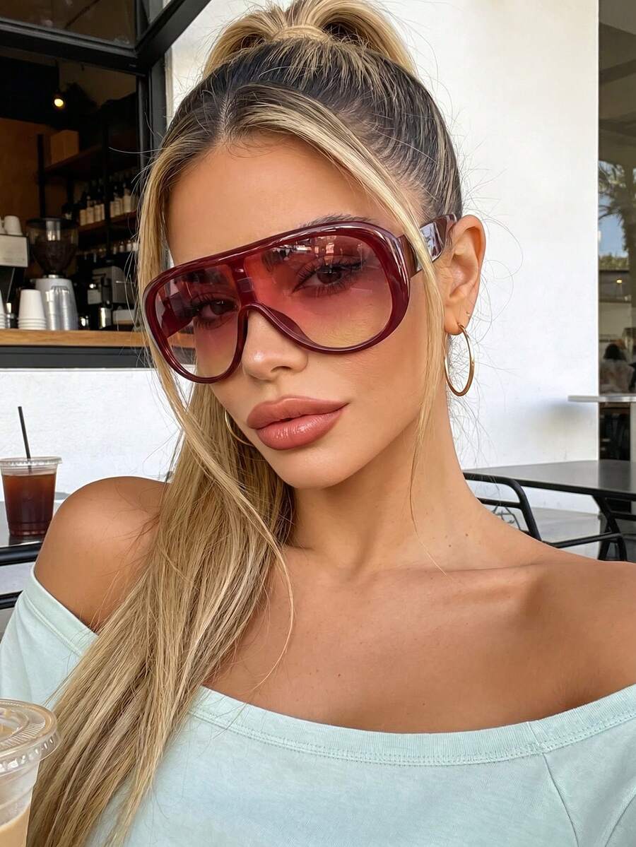 Retro 2000s Style Unisex Large Frame Single Lens Sunglasses, Suitable For Women With Round Faces, Essential For Summer Vacation And Parties, UV Protection - Multicolor - View 1