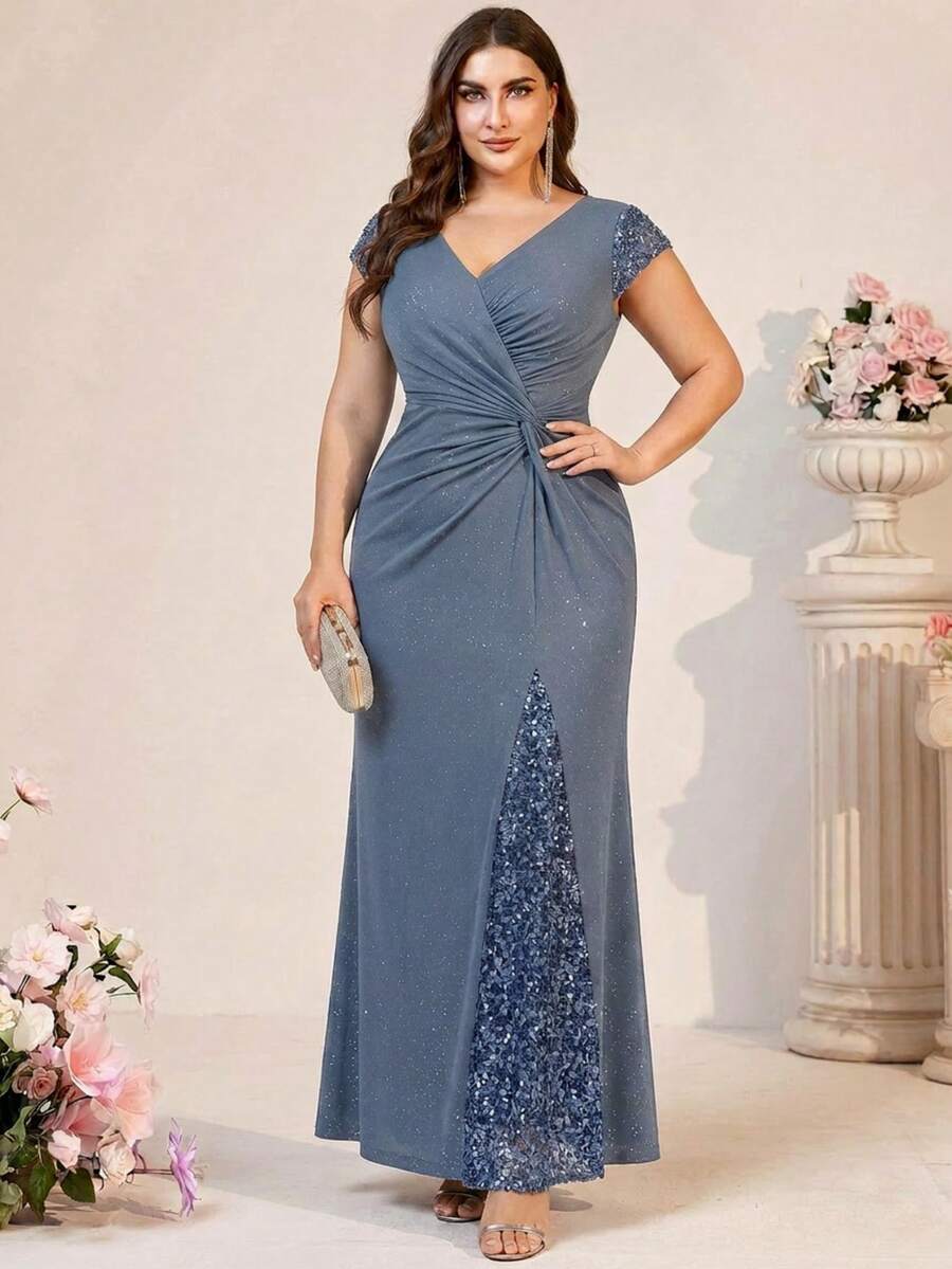 EVERPRETTY 優雅灰藍色大尺碼婚禮賓客禮服，V領百褶胸前設計搭配亮片拼接，適合夏季正式接待會、舞會與派對