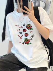 Personalized T-Shirt For Women, Loose Fit, Fun Tomato Print, Short Sleeve, Round Neck, Versatile Casual Top, White, Everyday Wear | Fashionable | Comfortable Fabric, Cartoon Design T-Shirt - Urban Vintage Style, Unisex, Cotton, Short Sleeve, Round Neck. - 珍珠白 - 查看 1