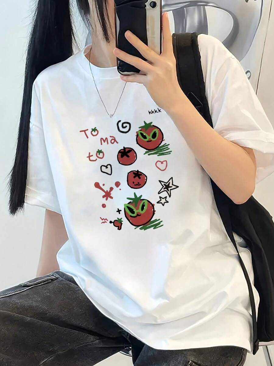 Personalized T-Shirt For Women, Loose Fit, Fun Tomato Print, Short Sleeve, Round Neck, Versatile Casual Top, White, Everyday Wear | Fashionable | Comfortable Fabric, Cartoon Design T-Shirt - Urban Vintage Style, Unisex, Cotton, Short Sleeve, Round Neck. - 珍珠白 - 查看 1