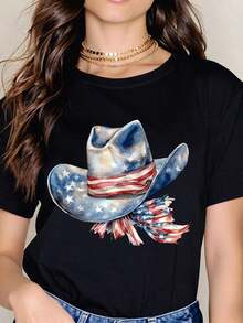 Camiseta de manga corta de verano con estampado de la bandera americana y sombrero de vaquero, imprescindible. - Negro - Ver 1