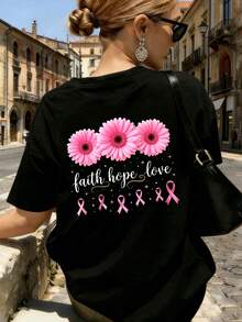 Camiseta deportiva casual para mujer con doble estampado delante y detrás, camiseta rosa con estampado de cinta floral moderna y fácil de usar para actividades diarias de ocio y para ir al trabajo, material puro, tejido cómodo, adecuada para todas las estaciones - Negro - Ver 2