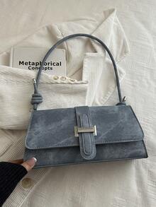 Fashionable Denim Texture Solid Color Asymmetrical Flap Vintage Minimalist Elegant Shoulder Bag - Dark Wash - View 4