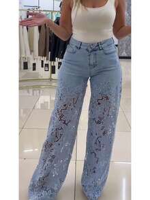 Pantalón de mezclilla nuevo de primavera-verano para mujer, tiro alto, corte ancho, de moda, elegante, versátil, con encaje calado, caída fluida, diseño favorecedor, perfecto para looks de día, oficina y ocasiones informales - azul claro - Ver 7