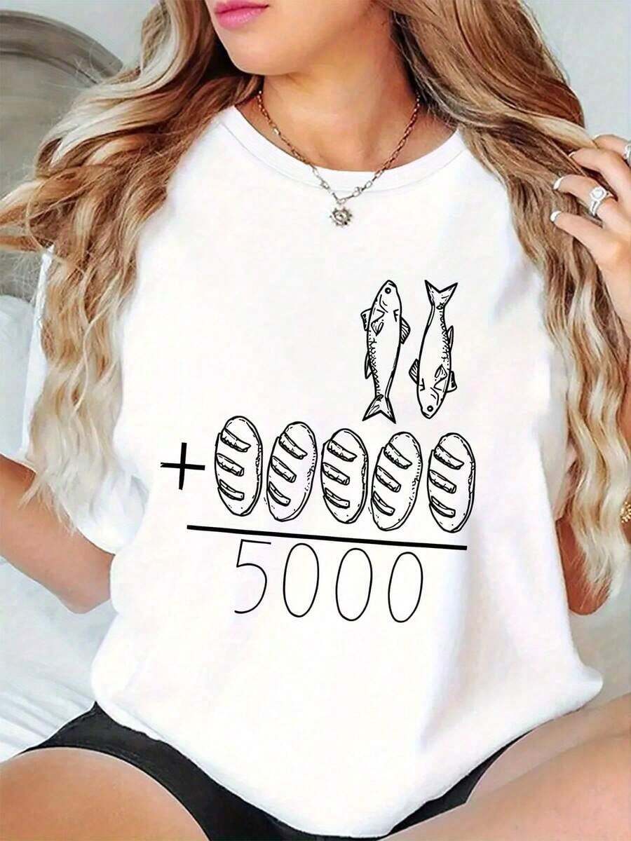 Women's Sets 2026 Creative Fish And Bread Print T-Shirt - All-Season Comfort For Women - Casual And Fashionable Sporty Style - Versatile Basic Crew Neck T-Shirt - Cool T-Shirts For Women - 白色 - 查看 1